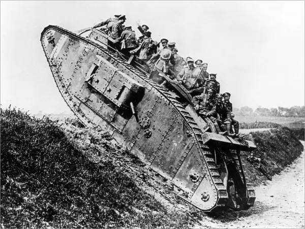 British Mark IV tank with Canadian soldiers, WW1