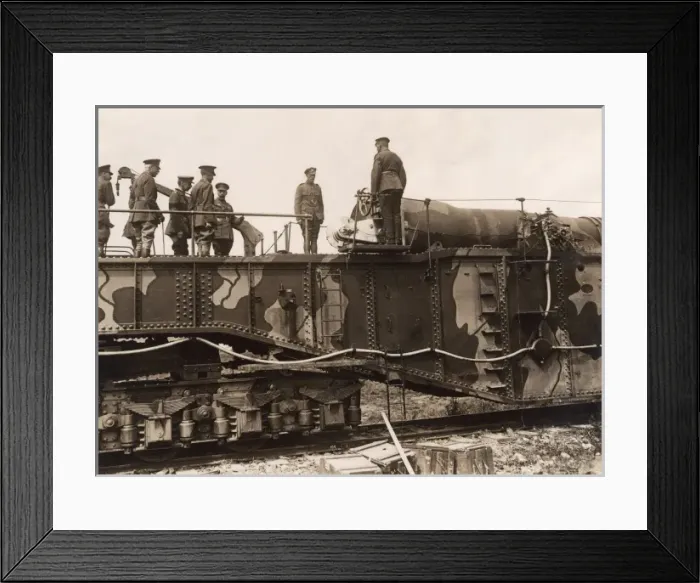 Framed Print : Large British gun inspected by George V and officers, WW1 Framed Print : Large British gun inspected by George V and officers, WW1