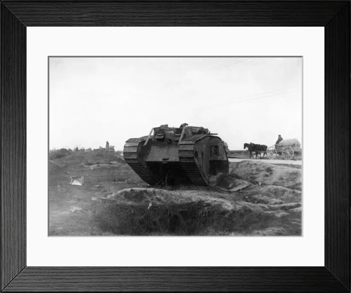 Framed Print : Knocked-out British tank, France, WW1 Framed Print : Knocked-out British tank, France, WW1