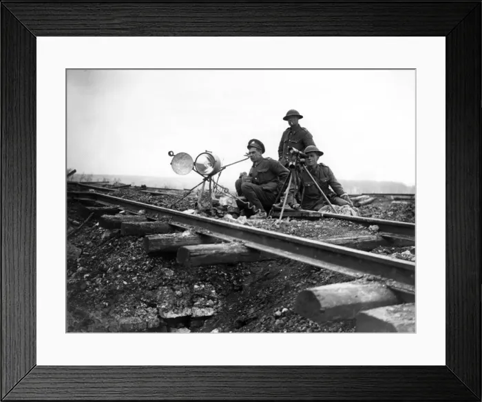 Framed Print : Three soldiers using lamp for signalling, France, WW1 Framed Print : Three soldiers using lamp for signalling, France, WW1