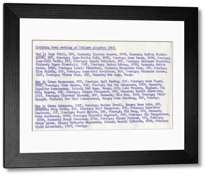 Framed Print : Names of Scouts at Swedish Scout Training Team Meeting