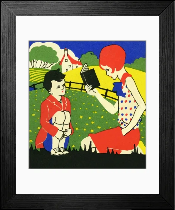 Framed Print : Art deco style girl reading to a boy Framed Print : Art deco style girl reading to a boy