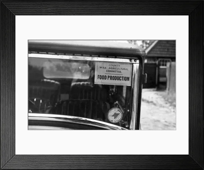 Framed Print : Wartime Food Production sticker in car windscreen, Churt Framed Print : Wartime Food Production sticker in car windscreen, Churt