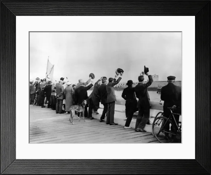 Framed Print : People waving their hats at the waterside, WW1 Framed Print : People waving their hats at the waterside, WW1