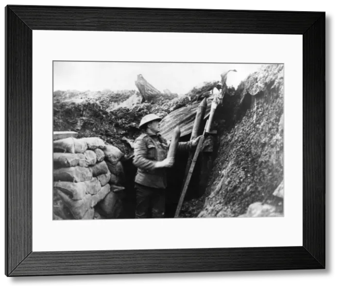 Framed Print : Soldier in trench with signals rockets, WW1 Framed Print : Soldier in trench with signals rockets, WW1