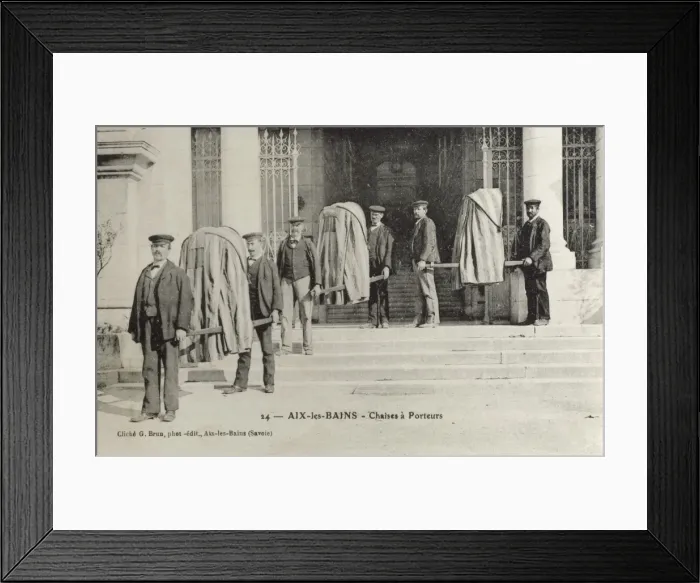 Framed Print : Aix les Bains, France - Porters with Sedan Chairs Framed Print : Aix les Bains, France - Porters with Sedan Chairs