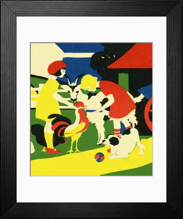 Framed Print : Art deco style children with farmyard animals Framed Print : Art deco style children with farmyard animals