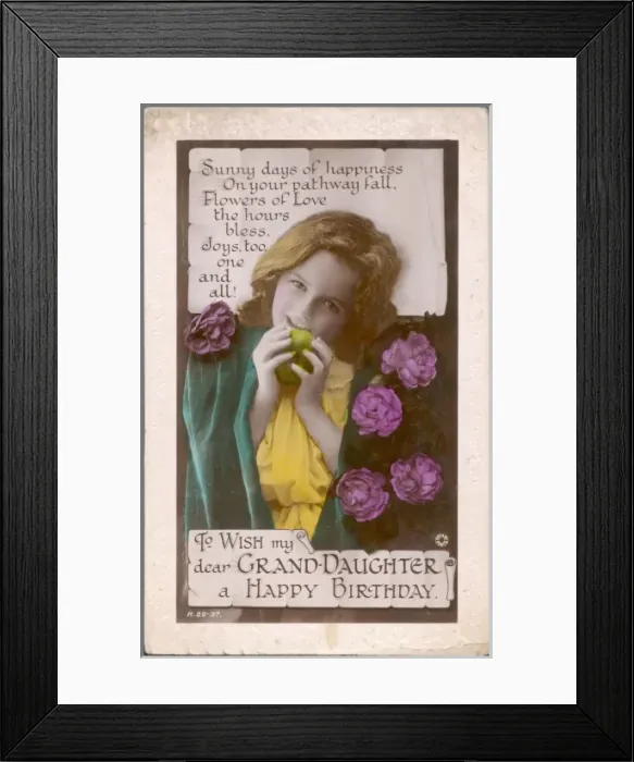 Framed Print : Little girl on a Happy Birthday postcard Framed Print : Little girl on a Happy Birthday postcard