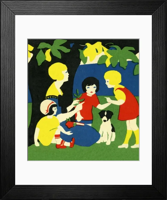 Framed Print : Art deco style mother & children with a dog Framed Print : Art deco style mother & children with a dog