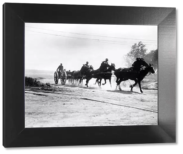 Horses moving artillery, Becourt Wood, France, WW1