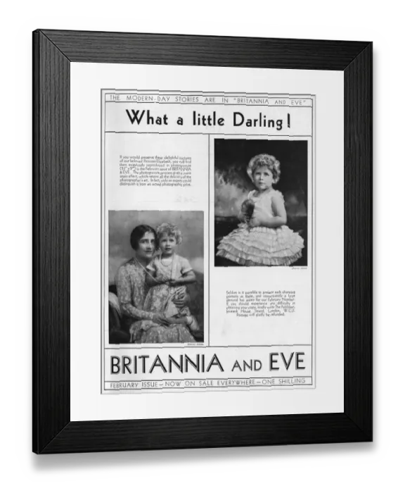 Framed Print : Advert for Britannia and Eve featuring Princess Elizabeth Framed Print : Advert for Britannia and Eve featuring Princess Elizabeth