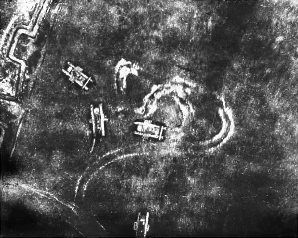 British tanks in Battle of Cambrai, aerial photograph, WW1