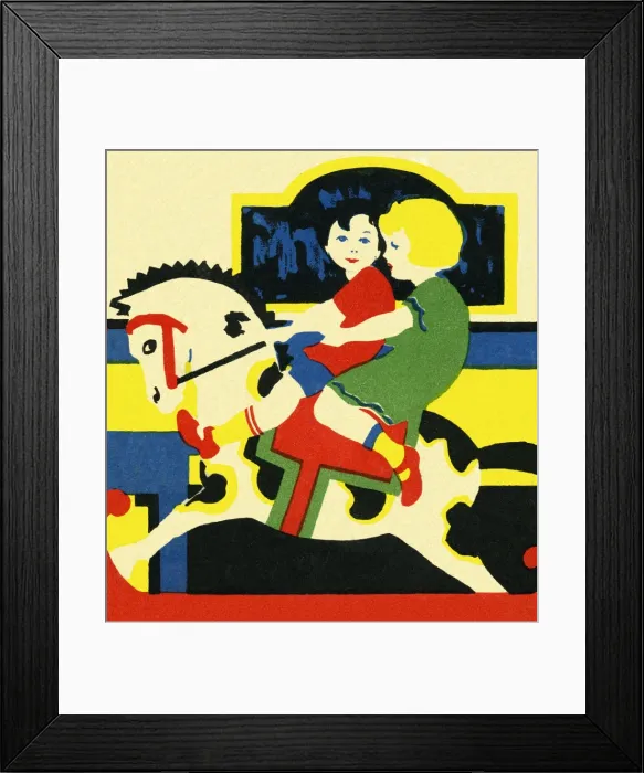 Framed Print : Art deco style children on a rocking horse Framed Print : Art deco style children on a rocking horse