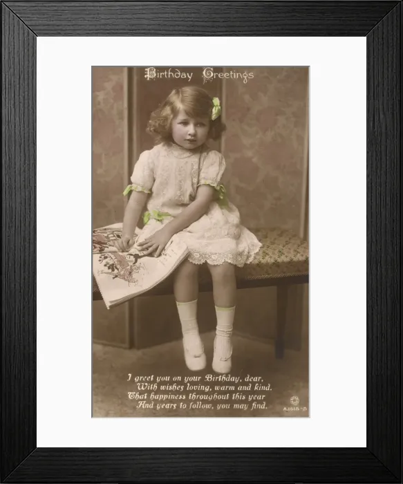 Framed Print : Little girl on a Birthday Greetings postcard Framed Print : Little girl on a Birthday Greetings postcard