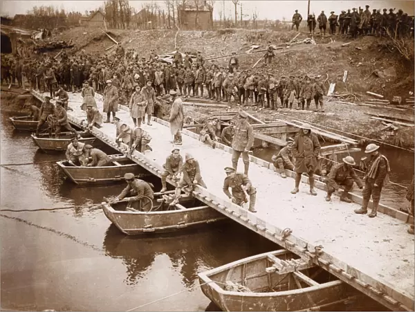 Soldiers building pontoon bridge, Flanders, WW1