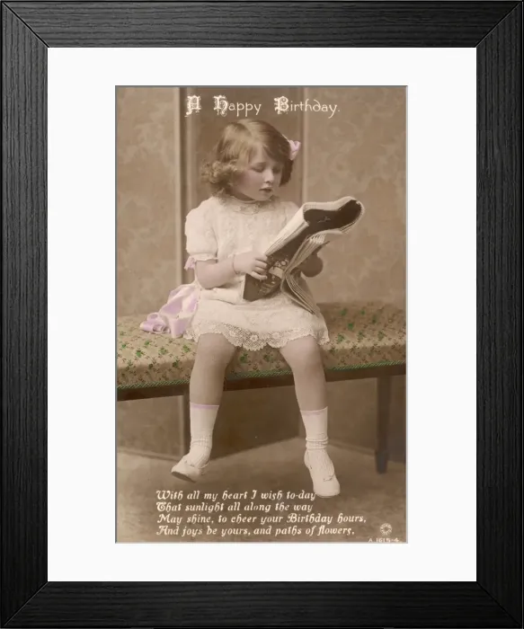 Framed Print : Little girl on a Happy Birthday postcard Framed Print : Little girl on a Happy Birthday postcard