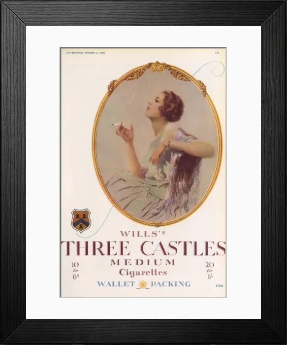 Framed Print : Three Castles Cigarettes advertisement, 1930 Framed Print : Three Castles Cigarettes advertisement, 1930