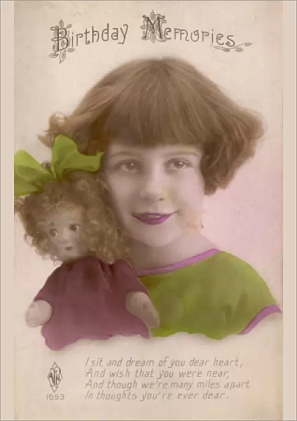 Little girl and doll on a Birthday Memories postcard
