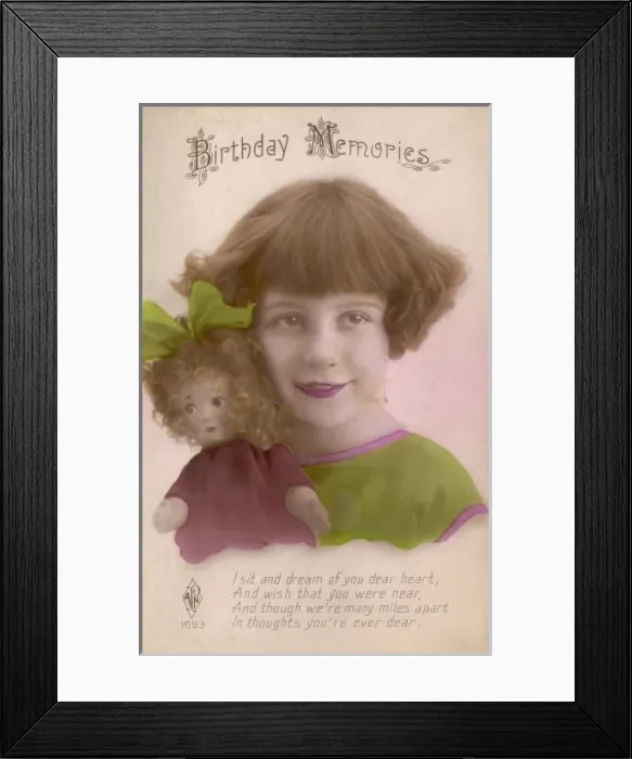 Framed Print : Little girl and doll on a Birthday Memories postcard Framed Print : Little girl and doll on a Birthday Memories postcard