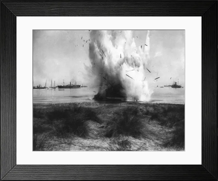 Framed Print : Derelict ship being blown up, WW1 Framed Print : Derelict ship being blown up, WW1