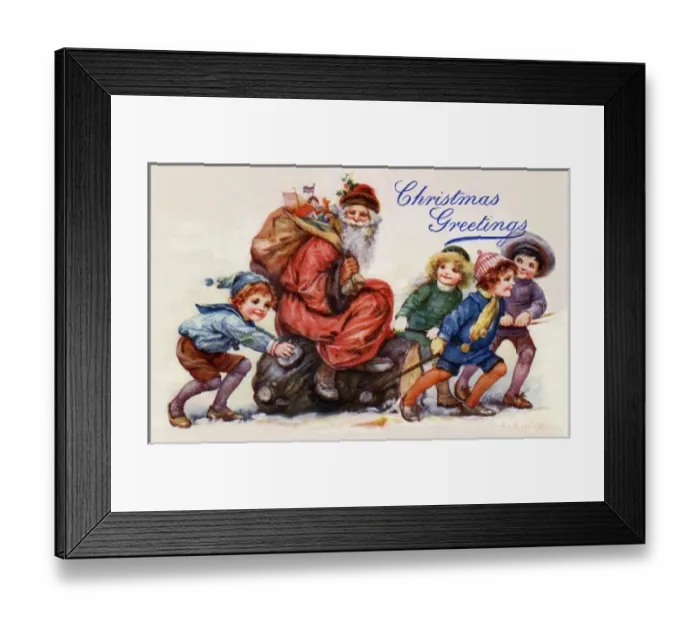 Framed Print : Santa on yule log with children Framed Print : Santa on yule log with children