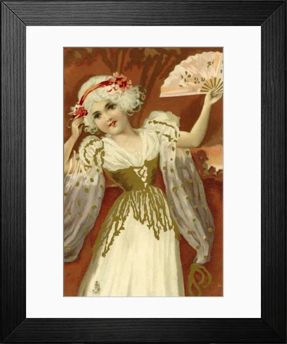 Framed Print : Girl in white and gold, with a pink fan Framed Print : Girl in white and gold, with a pink fan