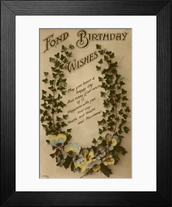 Framed Print : Fond Birthday Wishes with ivy and pansies Framed Print : Fond Birthday Wishes with ivy and pansies
