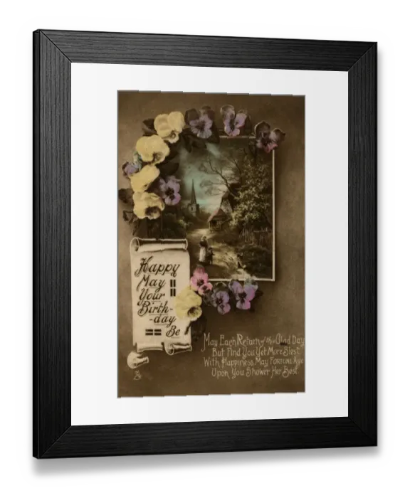 Framed Print : Happy May Your Birthday Be, country scene and flowers Framed Print : Happy May Your Birthday Be, country scene and flowers