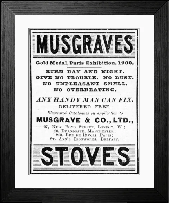 Framed Print : Musgraves Stoves advert Framed Print : Musgraves Stoves advert