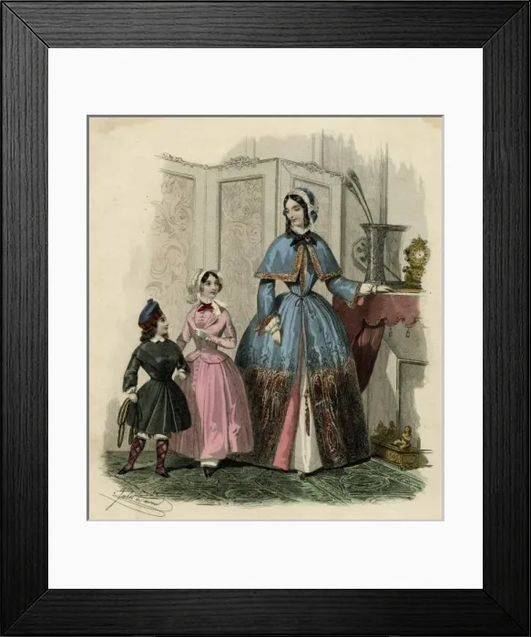 Framed Print : Mother and two children in the latest French fashions Framed Print : Mother and two children in the latest French fashions