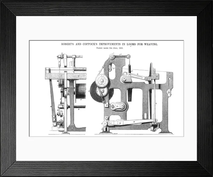 Framed Print : Roberts and Coppocks Improvement in Looms for Weaving Framed Print : Roberts and Coppocks Improvement in Looms for Weaving