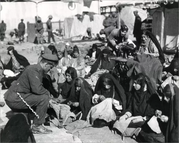 Women refugees sewing army clothing, Baghdad, WW1