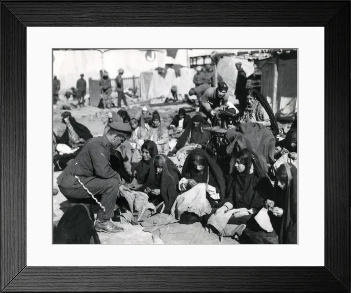Framed Print : Women refugees sewing army clothing, Baghdad, WW1 Framed Print : Women refugees sewing army clothing, Baghdad, WW1
