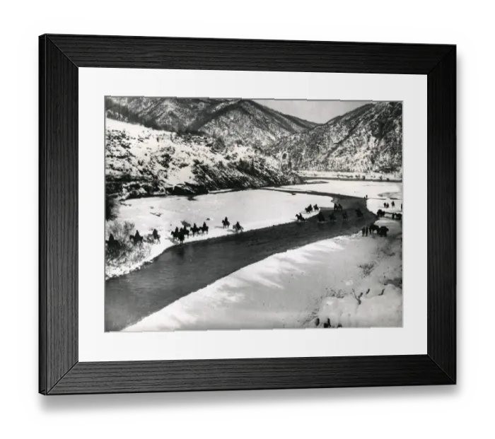 Framed Print : Serbian cavalry crossing a river in the snow, WW1