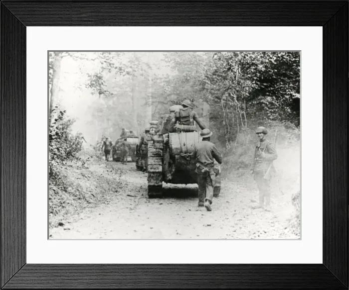 Framed Print : American troops and tanks, near Boureuilles, France, WW1 Framed Print : American troops and tanks, near Boureuilles, France, WW1