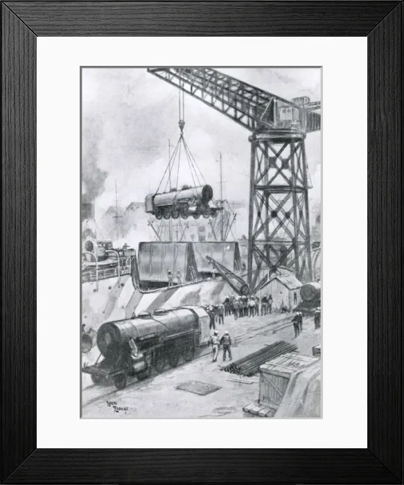 Framed Print : American locomotives arriving at French port, WW1 Framed Print : American locomotives arriving at French port, WW1