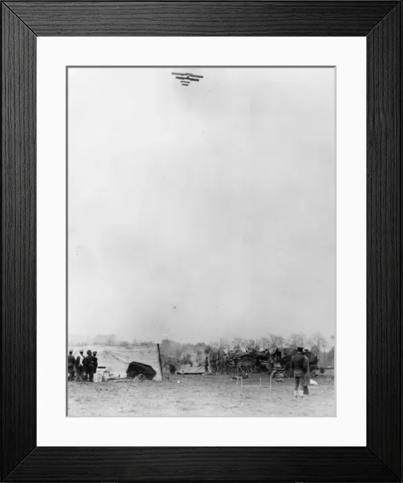 Framed Print : Belgian aeroplane flying over British camp, WW1 Framed Print : Belgian aeroplane flying over British camp, WW1