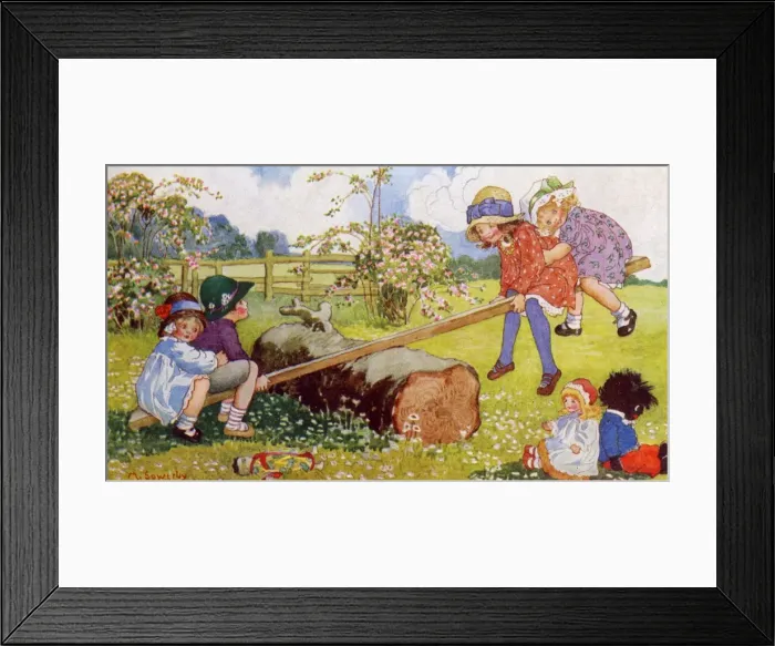 Framed Print : See-Saw. Artist: Millicent Sowerby. Happy children out in the country enjoying Framed Print : See-Saw. Artist: Millicent Sowerby. Happy children out in the country enjoying