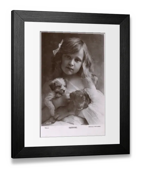 Framed Print : Orphans - Young girl and two little tiny puppies Framed Print : Orphans - Young girl and two little tiny puppies