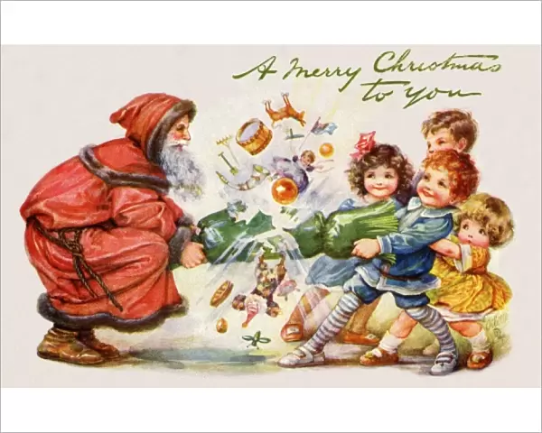 Santa and children pulling cracker