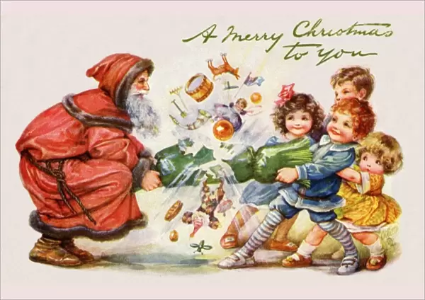 Santa and children pulling cracker