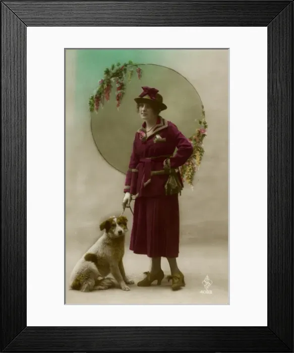 Framed Print : Young woman in purple costume, with dog Framed Print : Young woman in purple costume, with dog