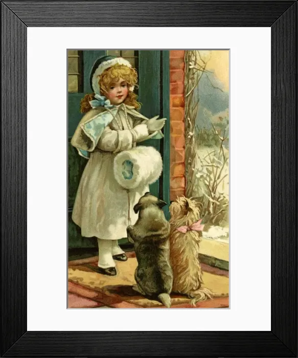 Framed Print : Christmas. A girl and her obedient dogs Framed Print : Christmas. A girl and her obedient dogs