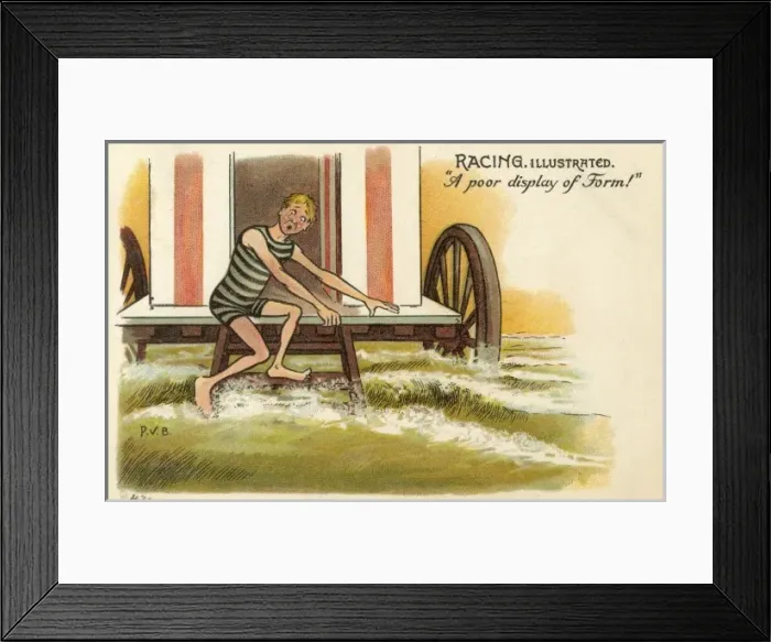 Framed Print : Bather afraid to take a dip - Comic postcard Framed Print : Bather afraid to take a dip - Comic postcard