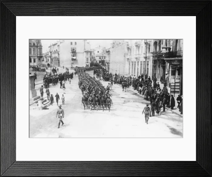 Framed Print : Austrian troops marching through a town, Romania, WW1 Framed Print : Austrian troops marching through a town, Romania, WW1