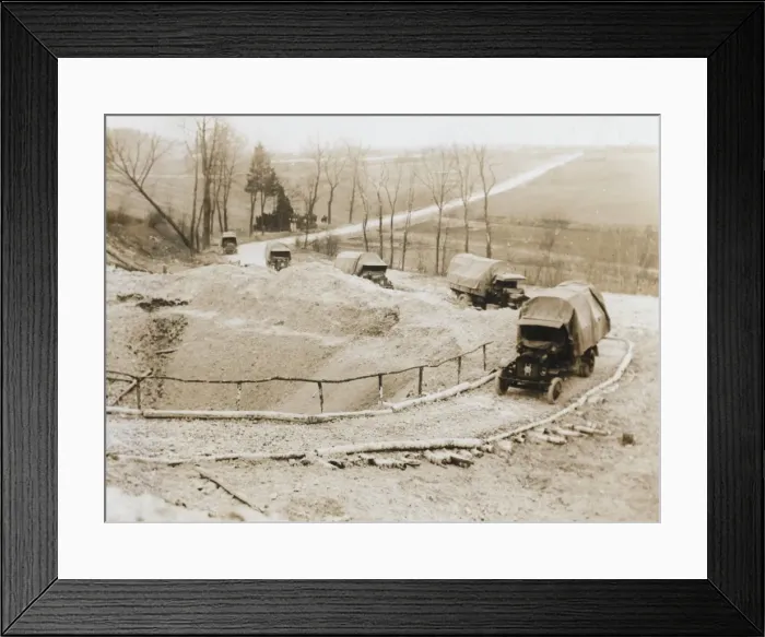 Framed Print : Lorries passing mine crater on way to Western Front, WW1 Framed Print : Lorries passing mine crater on way to Western Front, WW1