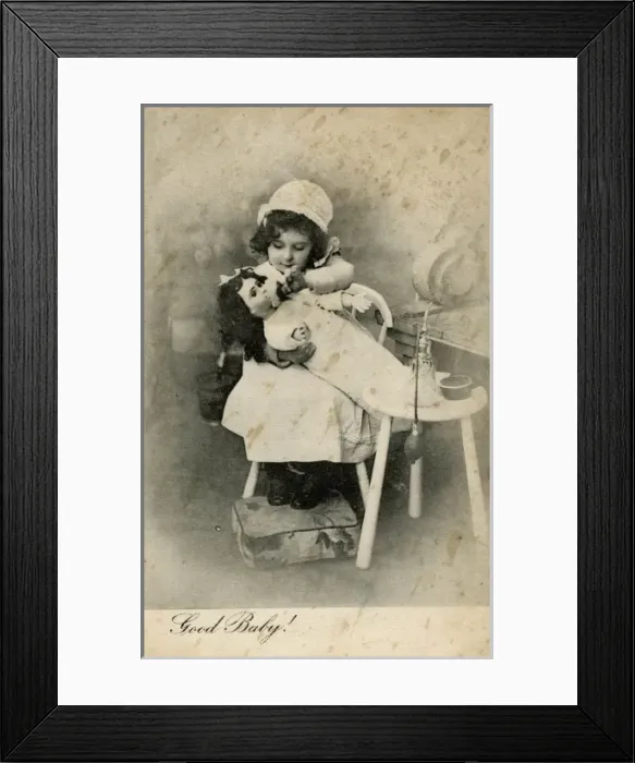 Framed Print : Good Baby -- little girl washing doll Framed Print : Good Baby -- little girl washing doll