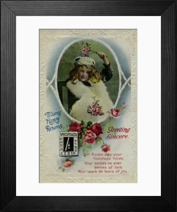 Framed Print : Little girl on a birthday postcard Framed Print : Little girl on a birthday postcard