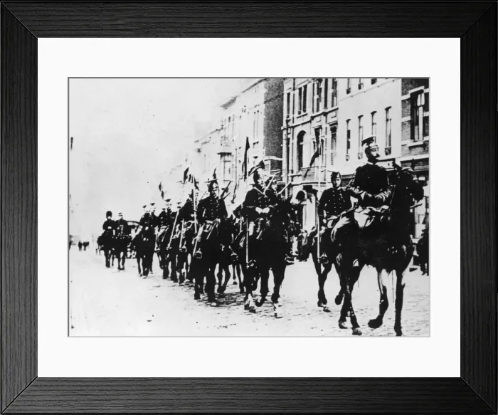 Framed Print : Belgian cavalry in a Brussels street, WW1 Framed Print : Belgian cavalry in a Brussels street, WW1