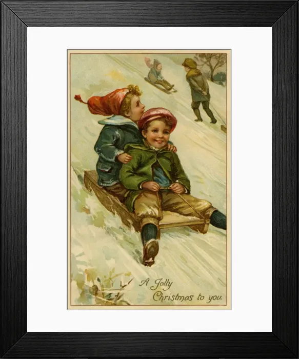 Framed Print : Christmas. 2 boys on a sledge Framed Print : Christmas. 2 boys on a sledge